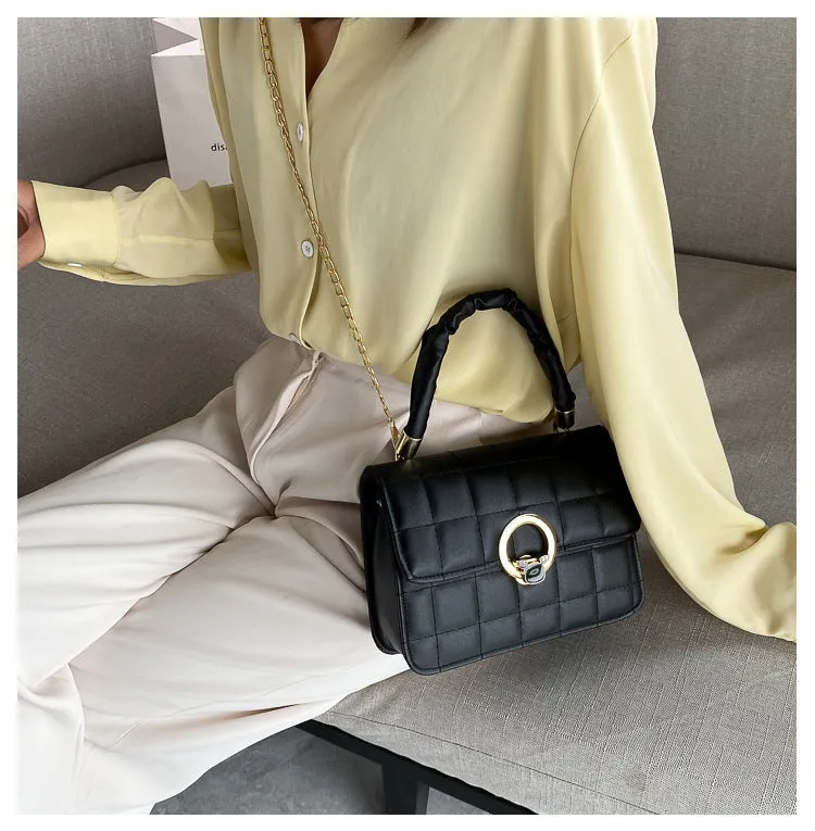 Small square PU messenger bag with embroidery thread detail, solid colour, crossbody style