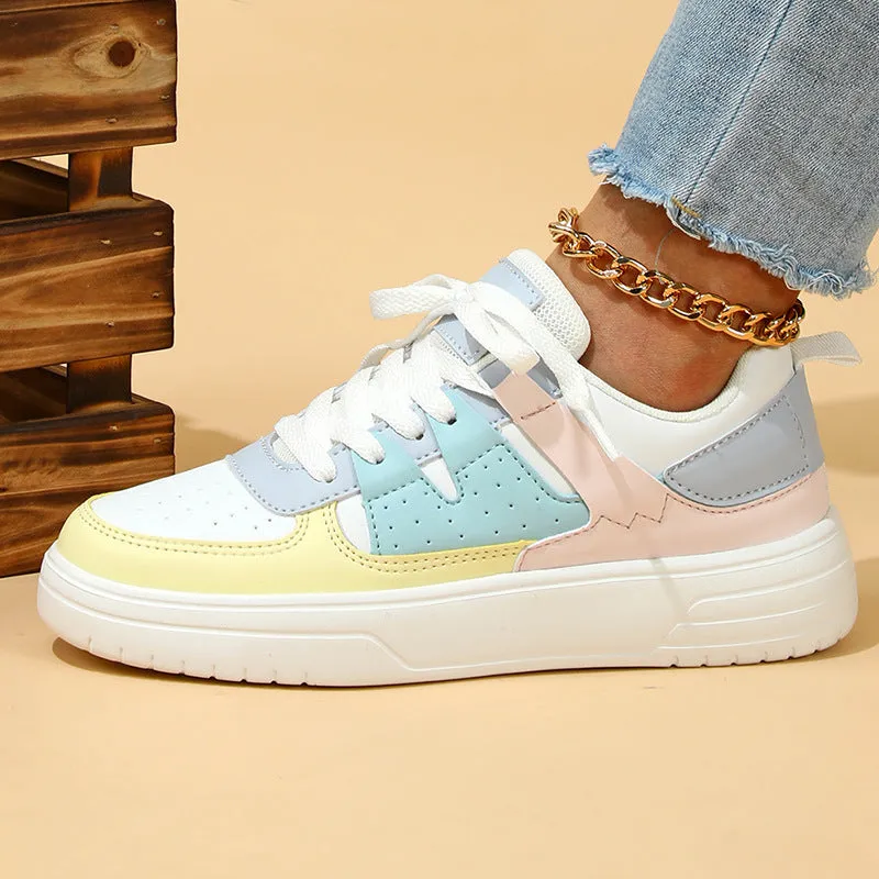 Lace-up outdoor casual flat shoes in white and yellow moon colour, PU mesh upper, round toe, low top design