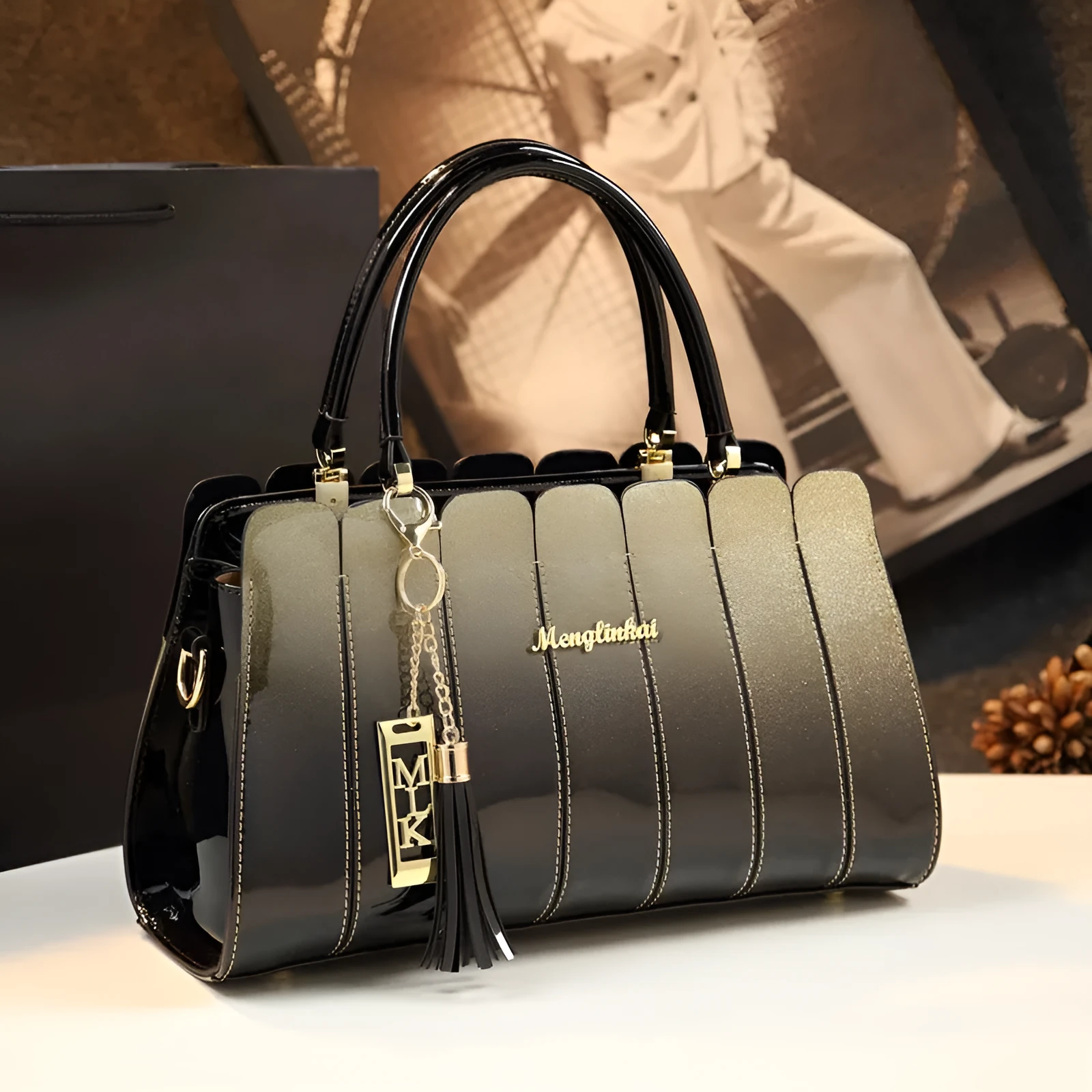Patent leather all-match handbag 33cm long in glossy finish with silver tone hardware and zipper closure