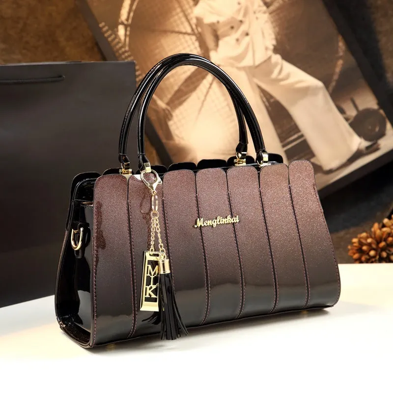 Patent leather all-match handbag 33cm long in glossy finish with silver tone hardware and zipper closure