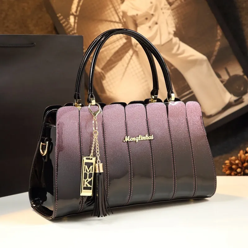Patent leather all-match handbag 33cm long in glossy finish with silver tone hardware and zipper closure