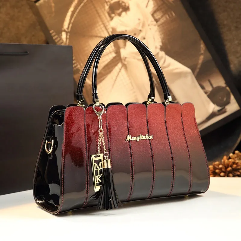 Patent leather all-match handbag 33cm long in glossy finish with silver tone hardware and zipper closure
