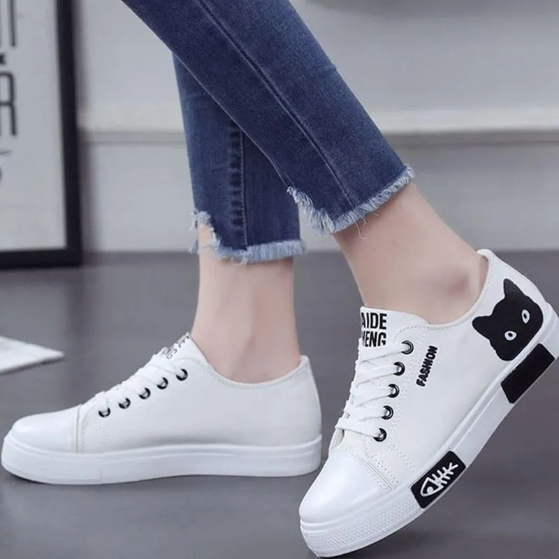 Cat fish print canvas shoes ladies slip-on casual sneakers pink black white sizes 35 to 40