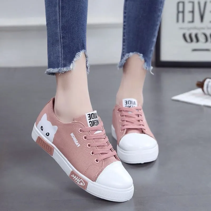 Cat fish print canvas shoes ladies slip-on casual sneakers pink black white sizes 35 to 40