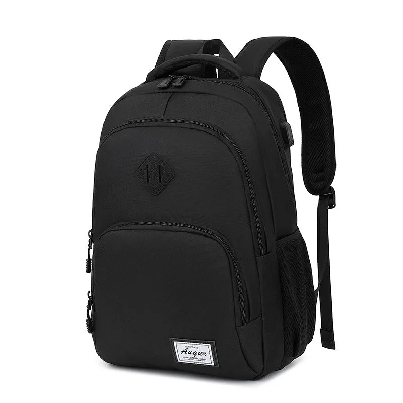 Lightweight laptop backpack with USB charging port in grey colour, showing dimensions and trolley case compatibility