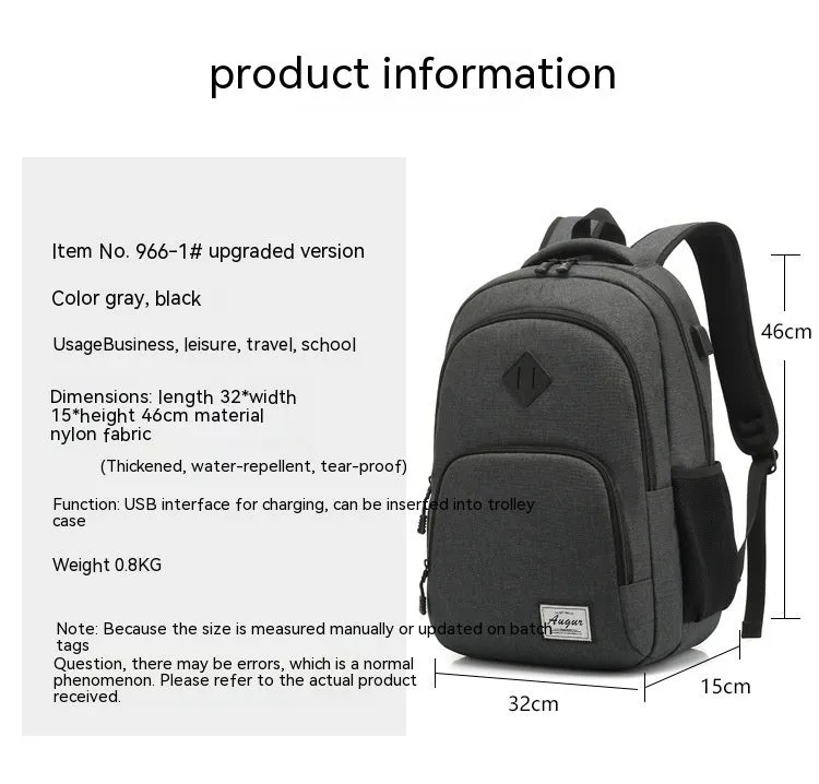 Lightweight laptop backpack with USB charging port in grey colour, showing dimensions and trolley case compatibility