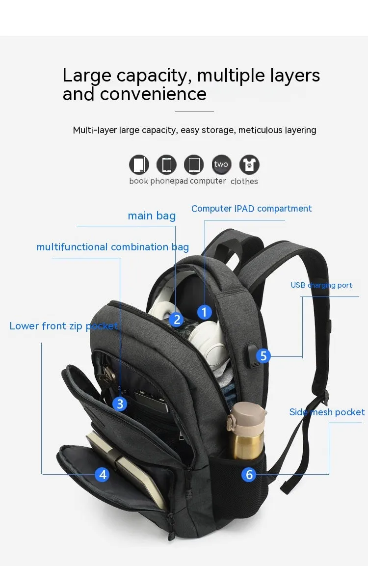 Lightweight laptop backpack with USB charging port in grey colour, showing dimensions and trolley case compatibility