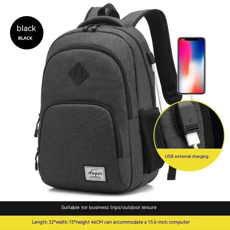 Lightweight laptop backpack with USB charging port in grey colour, showing dimensions and trolley case compatibility