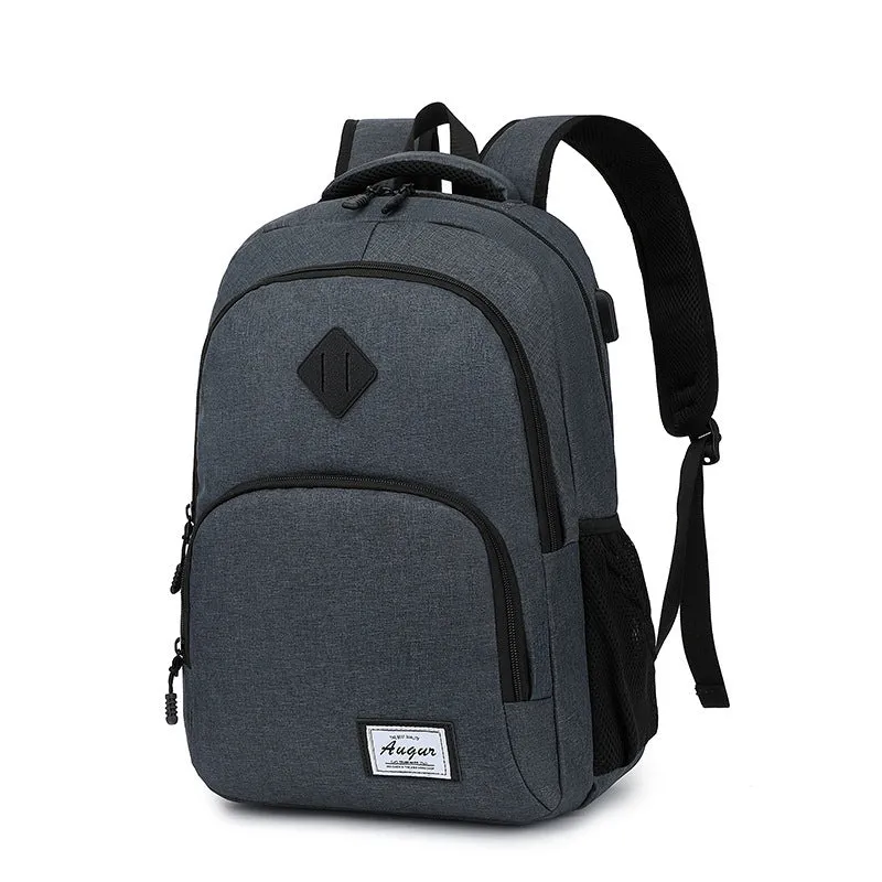 Lightweight laptop backpack with USB charging port in grey colour, showing dimensions and trolley case compatibility