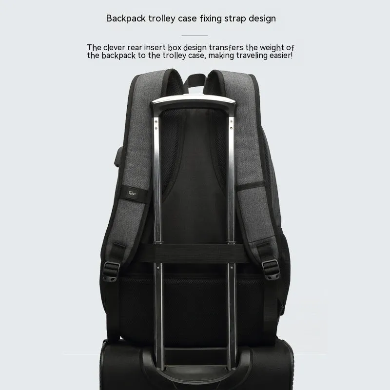 Lightweight laptop backpack with USB charging port in grey colour, showing dimensions and trolley case compatibility