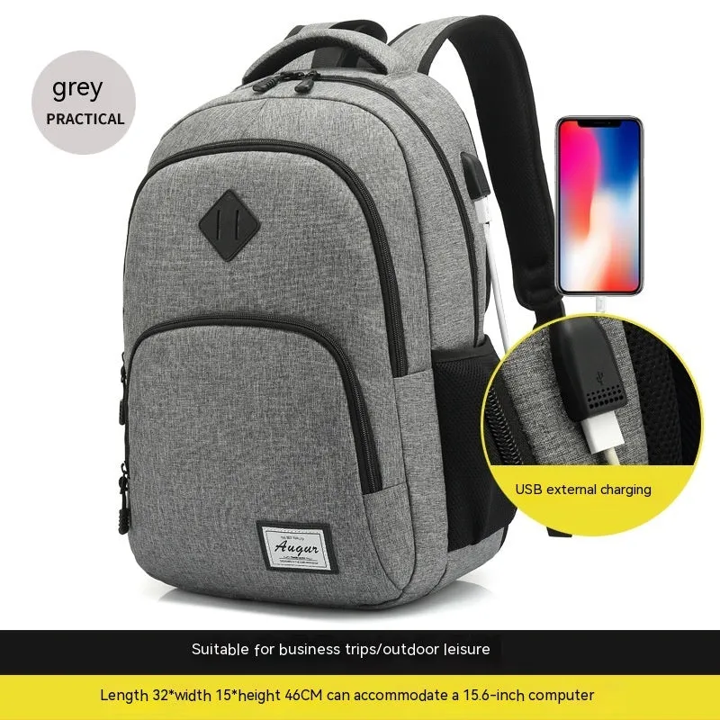 Lightweight laptop backpack with USB charging port in grey colour, showing dimensions and trolley case compatibility