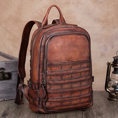 Men's vintage cow leather backpack with check pattern, vertical square shape, brown colour