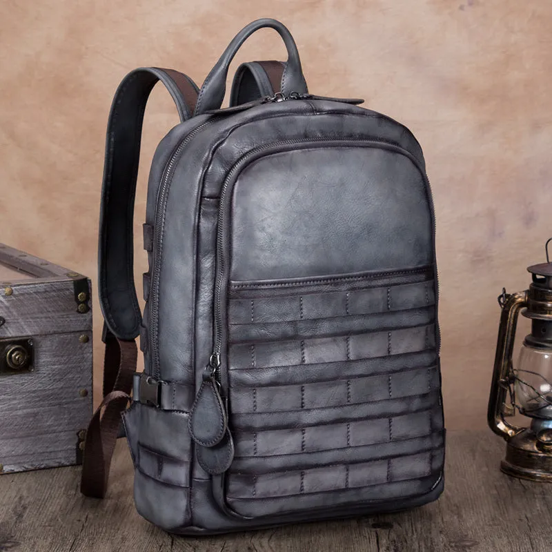 Men's vintage cow leather backpack with check pattern, vertical square shape, brown colour