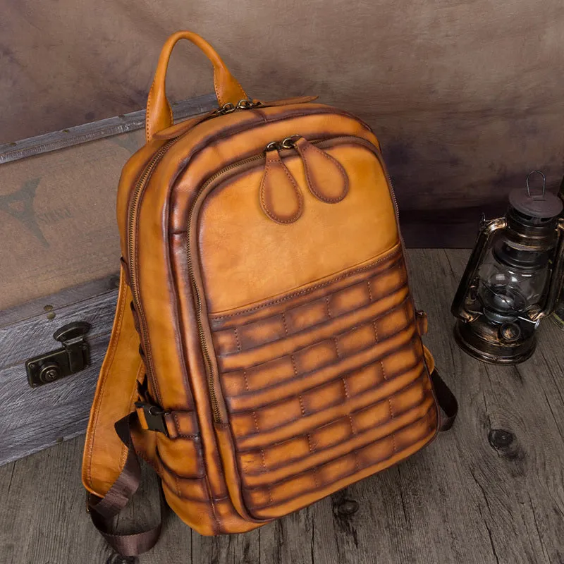 Men's vintage cow leather backpack with check pattern, vertical square shape, brown colour