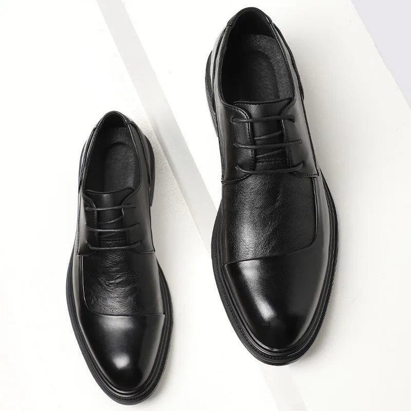Men's pointed British style black dress shoes with rubber sole for formal wear