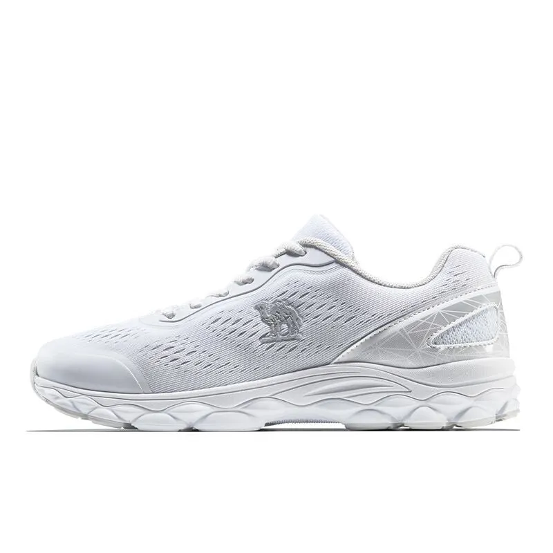 Men's running shoes with PU and fabric upper, leather stitching, and lace-up closure
