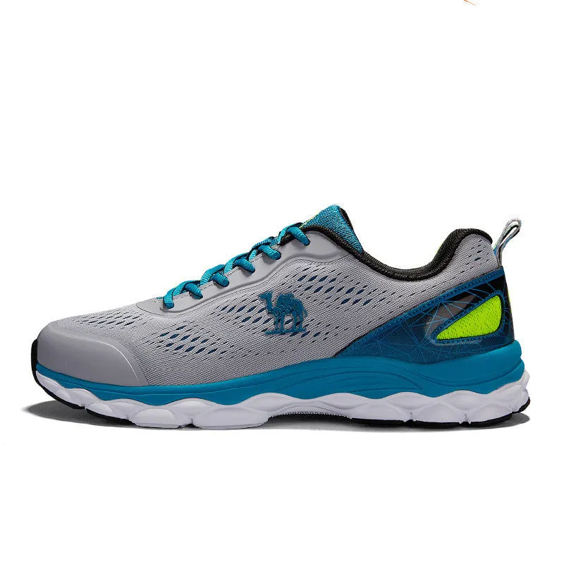 Men's running shoes with PU and fabric upper, leather stitching, and lace-up closure