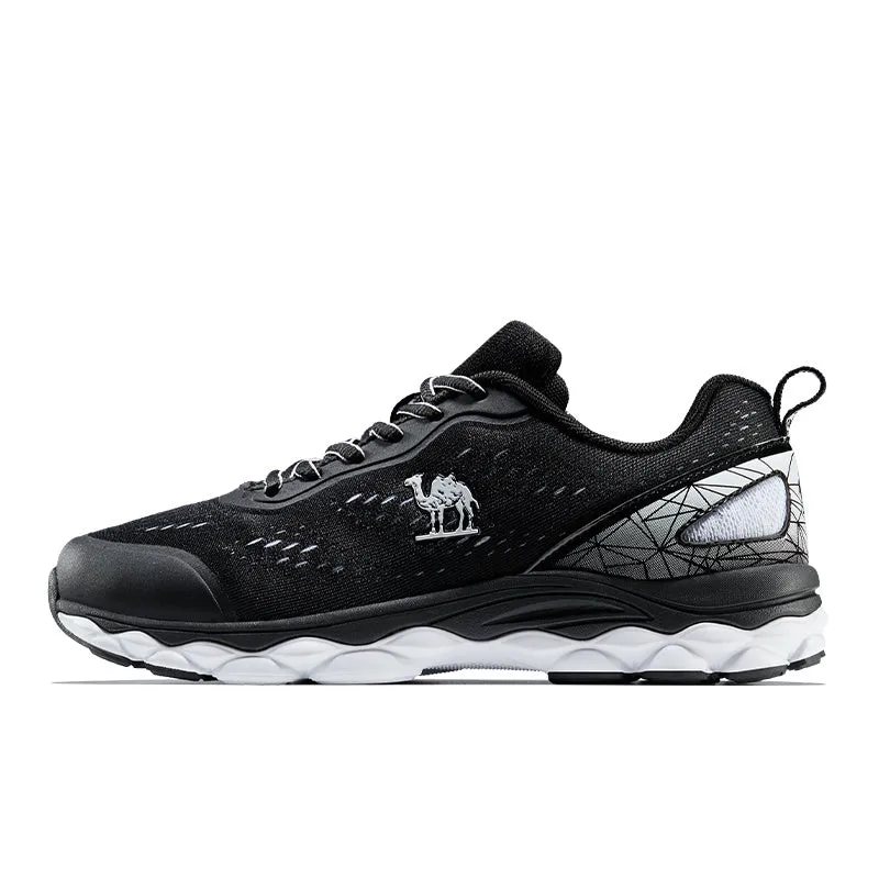 Men's running shoes with PU and fabric upper, leather stitching, and lace-up closure