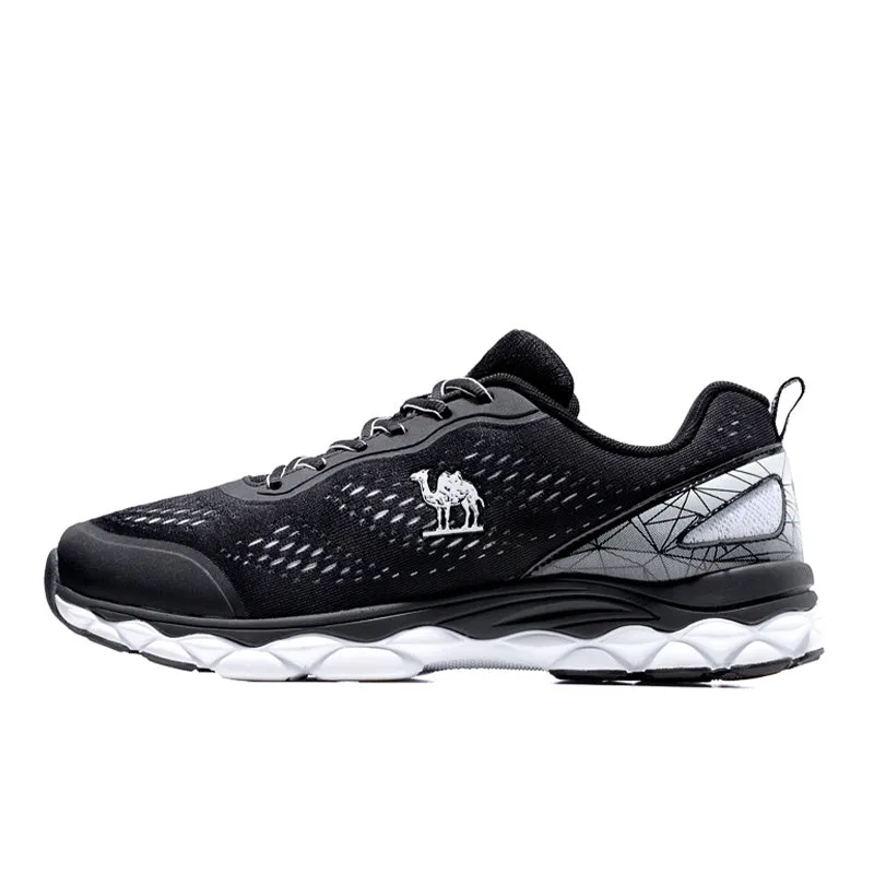 Men's running shoes with PU and fabric upper, leather stitching, and lace-up closure