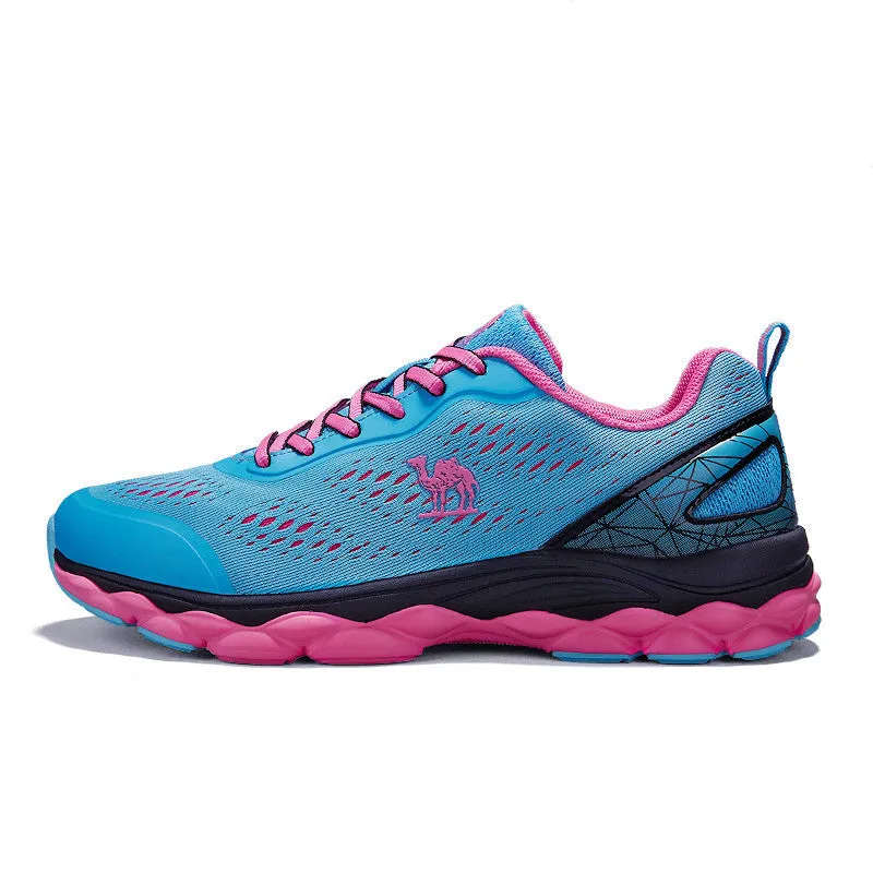 Men's running shoes with PU and fabric upper, leather stitching, and lace-up closure
