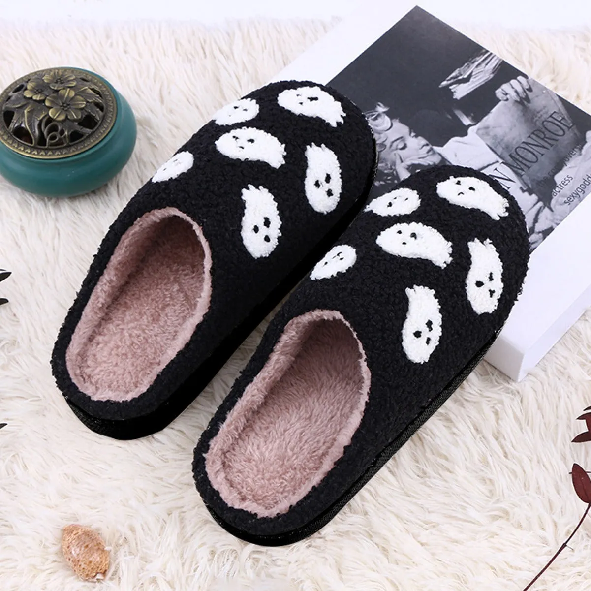 Halloween flat indoor slippers with non-slip sole, artificial plush upper, featuring spider ghost pattern