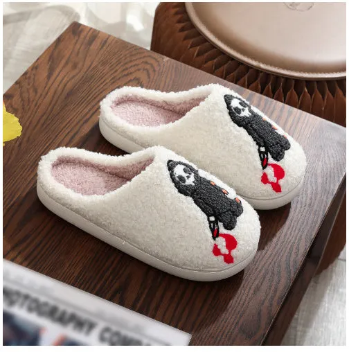 Halloween flat indoor slippers with non-slip sole, artificial plush upper, featuring spider ghost pattern