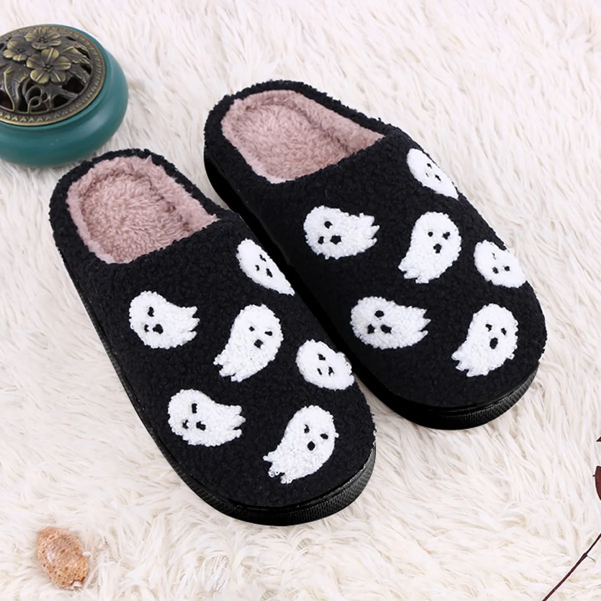 Halloween flat indoor slippers with non-slip sole, artificial plush upper, featuring spider ghost pattern