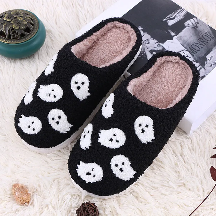 Halloween flat indoor slippers with non-slip sole, artificial plush upper, featuring spider ghost pattern