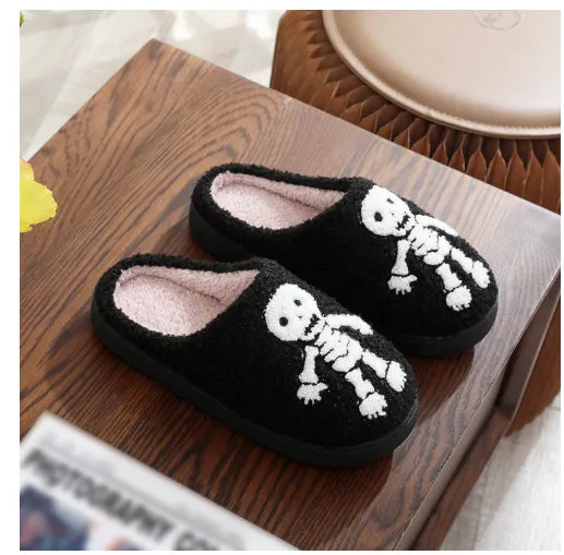 Halloween flat indoor slippers with non-slip sole, artificial plush upper, featuring spider ghost pattern