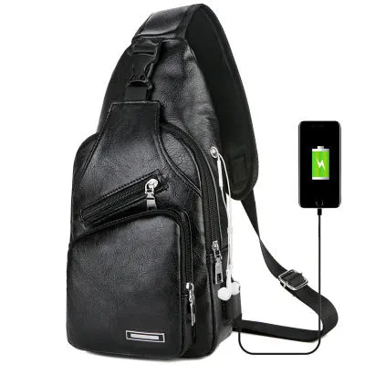 USB charging chest bag in black PU leather with embossed pattern showing front zipper and USB port