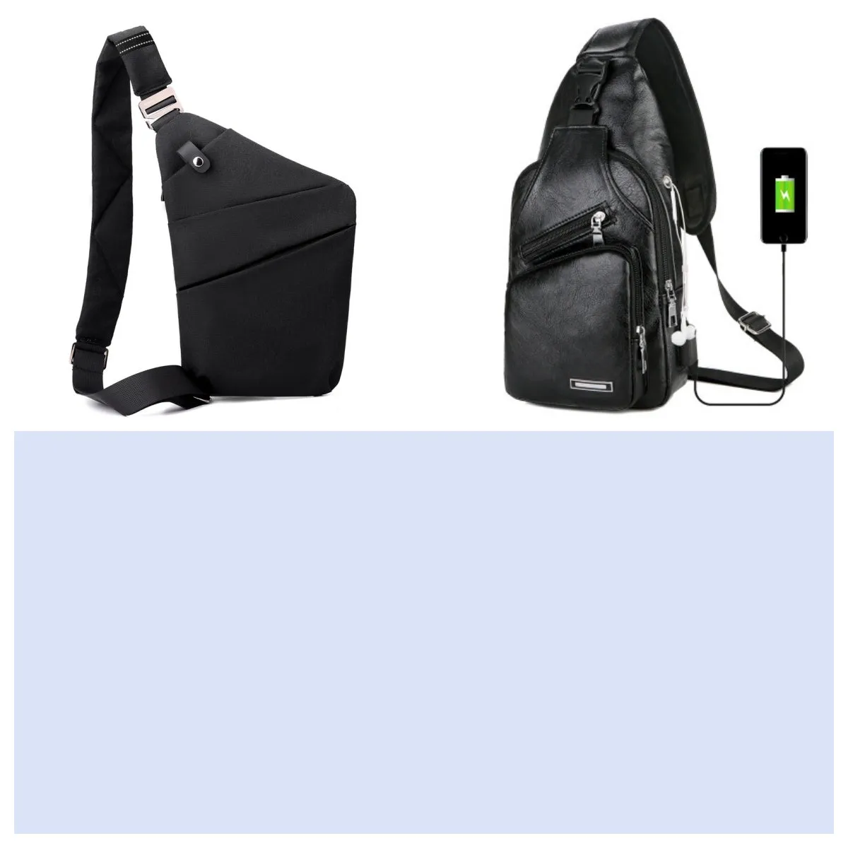 USB charging chest bag in black PU leather with embossed pattern showing front zipper and USB port