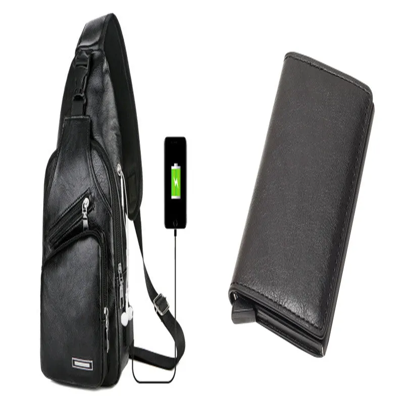 USB charging chest bag in black PU leather with embossed pattern showing front zipper and USB port