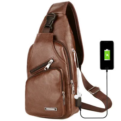 USB charging chest bag in black PU leather with embossed pattern showing front zipper and USB port