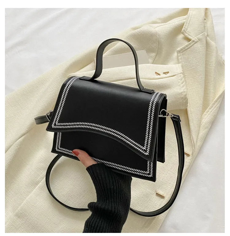 Urban simple PU crossbody flap bag with sewing line detail available in black, brown, and white