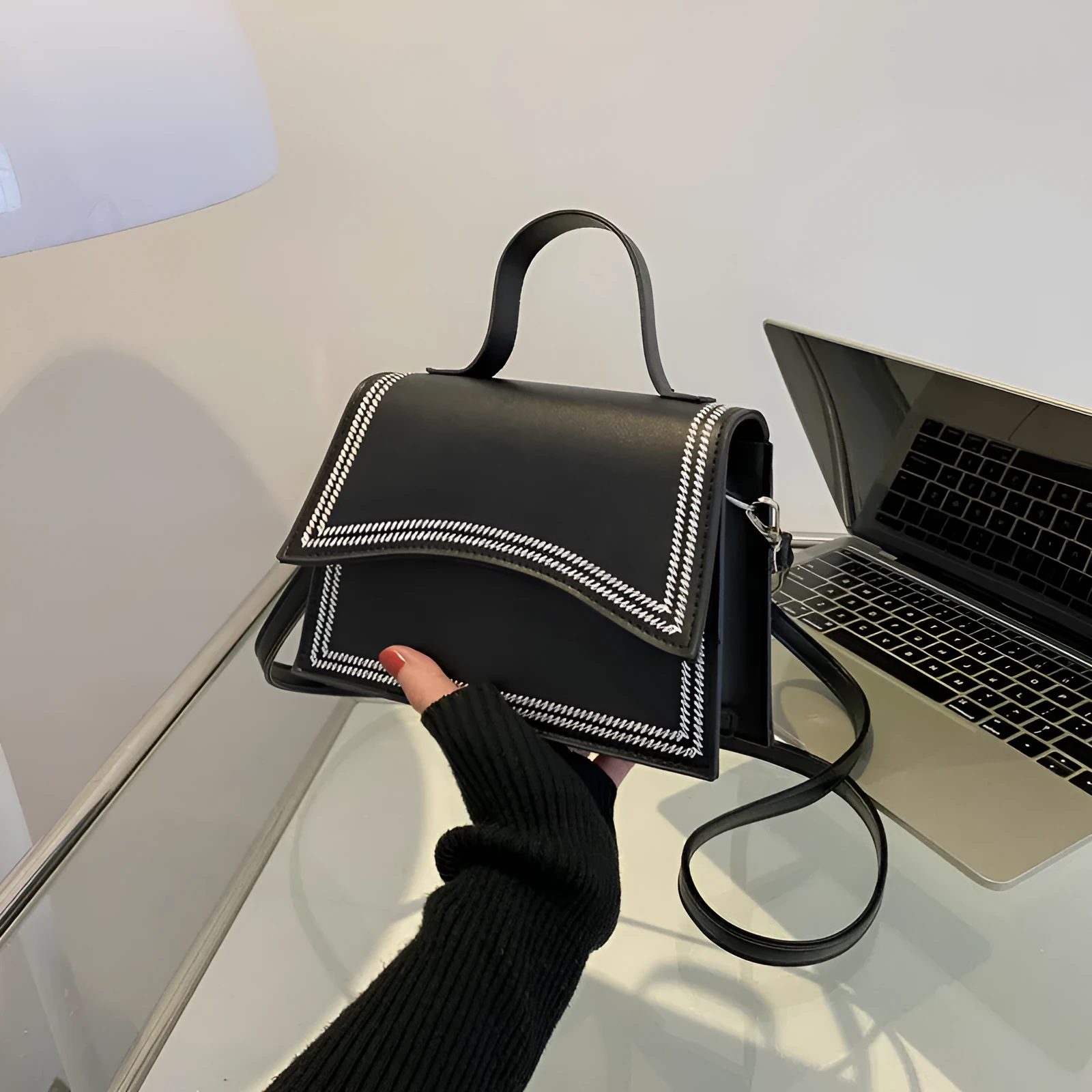 Urban simple PU crossbody flap bag with sewing line detail available in black, brown, and white