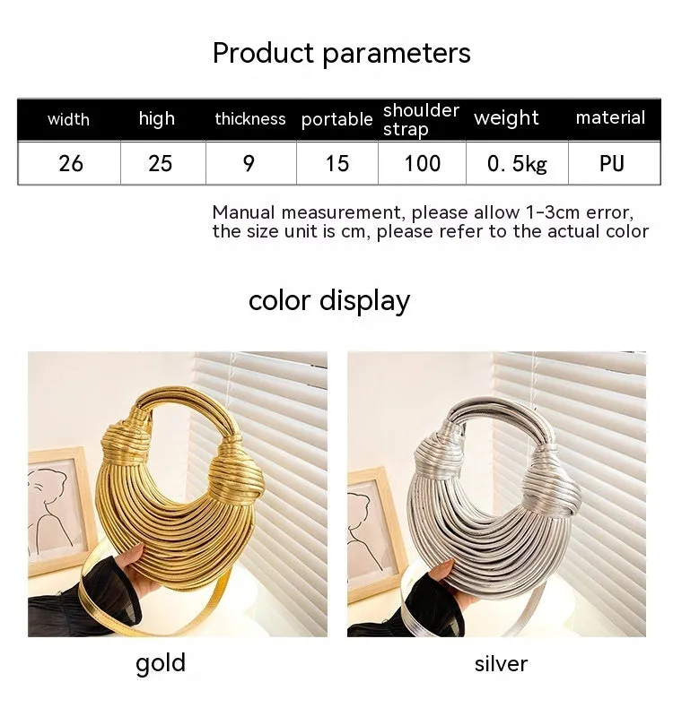 Instafamous Metal Noodles Underarm Bag with shiny metallic surface, chain detail, in gold colour