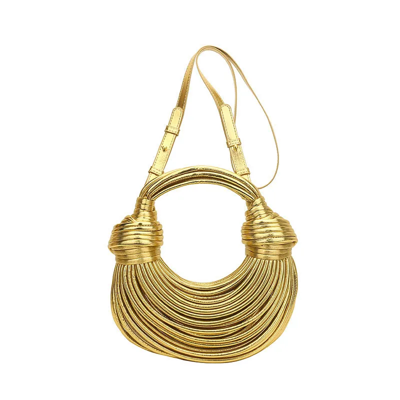 Instafamous Metal Noodles Underarm Bag with shiny metallic surface, chain detail, in gold colour