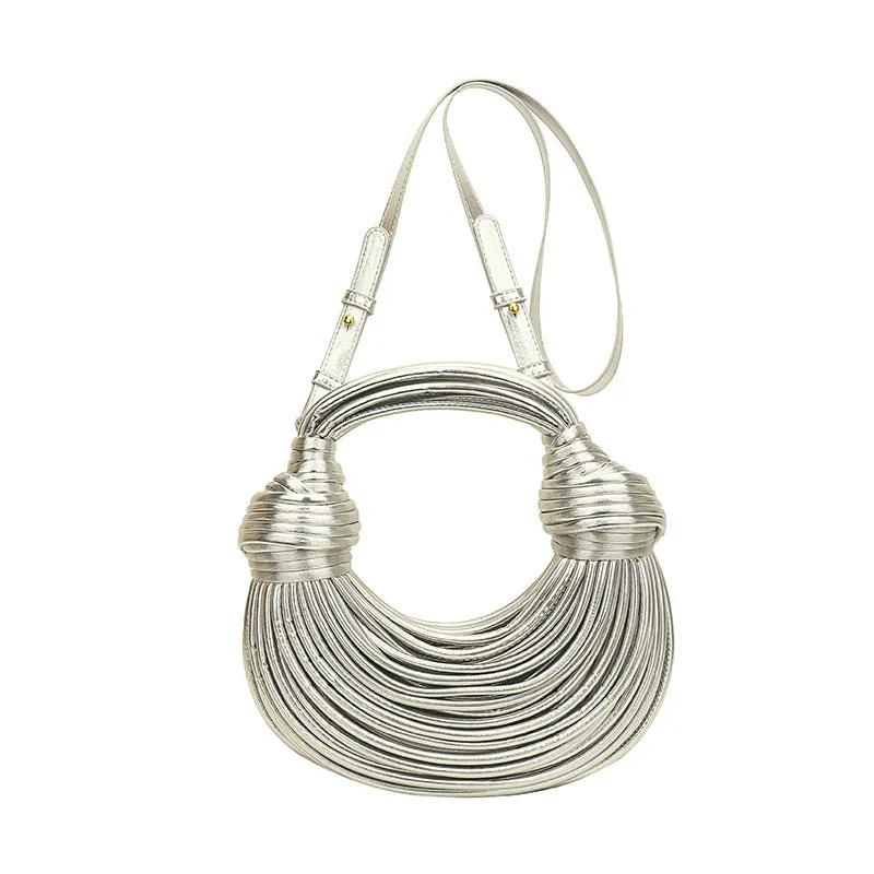 Instafamous Metal Noodles Underarm Bag with shiny metallic surface, chain detail, in gold colour