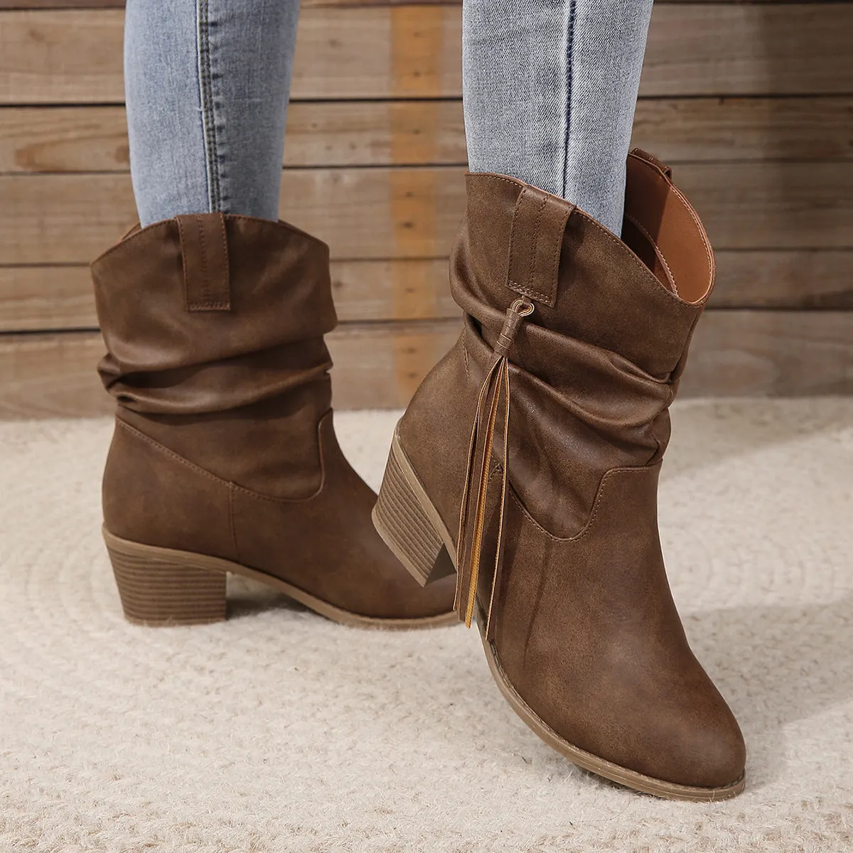 Retro tassel mid-calf western boots for women with thick square heel in dark brown