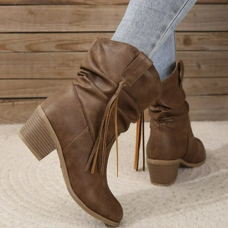 Retro tassel mid-calf western boots for women with thick square heel in dark brown