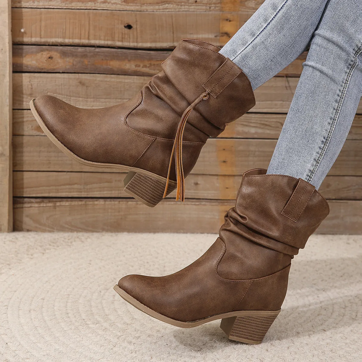 Retro tassel mid-calf western boots for women with thick square heel in dark brown