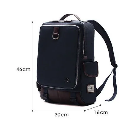 Modern men's large backpack in Oxford cloth, shown in army green colour, with dimensions 30cm by 16cm by 46cm.