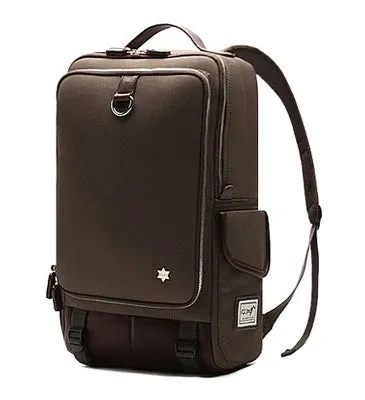 Modern men's large backpack in Oxford cloth, shown in army green colour, with dimensions 30cm by 16cm by 46cm.