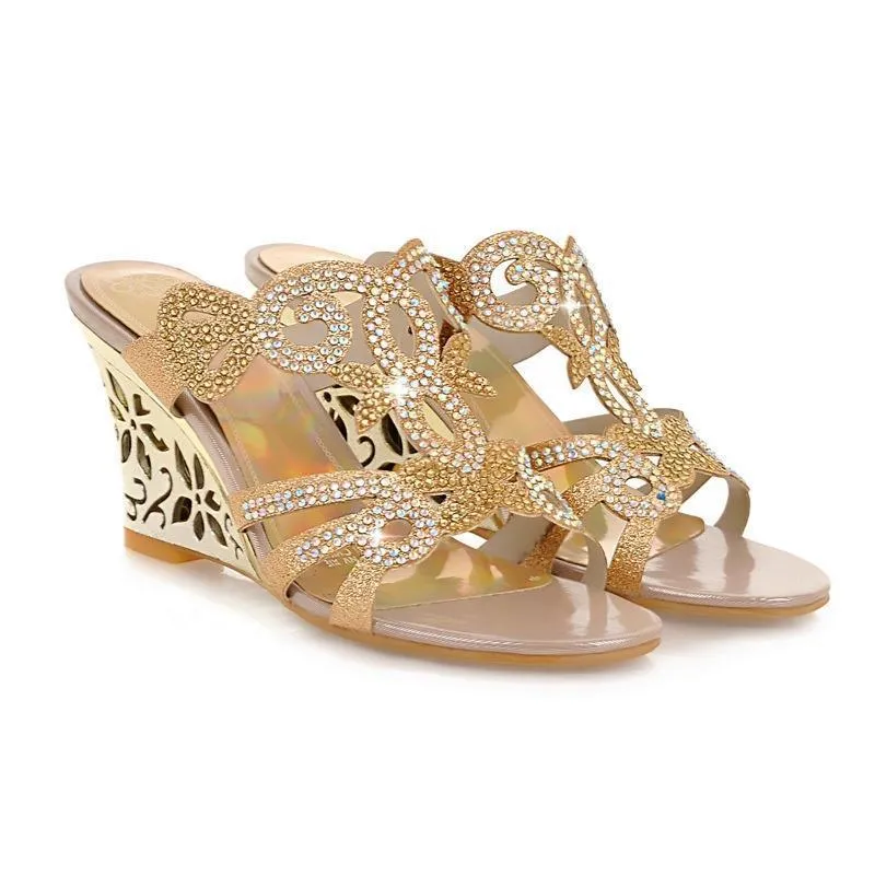 Women's gold peep toe wedge sandals with rhinestone detailing and 8cm heel