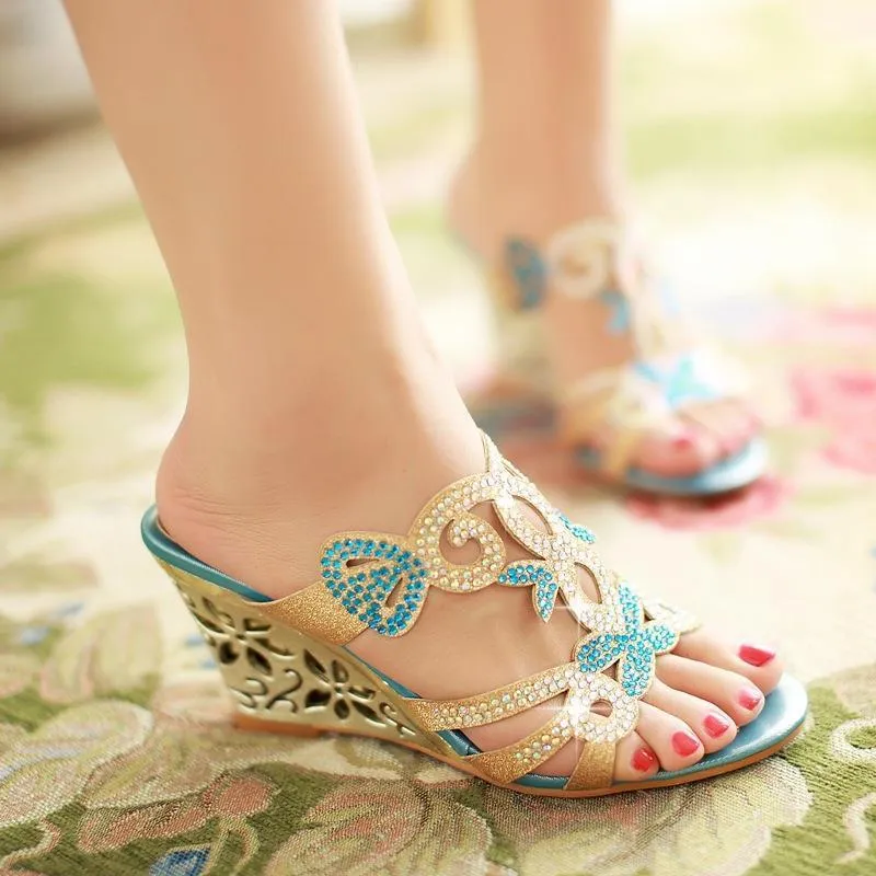 Women's gold peep toe wedge sandals with rhinestone detailing and 8cm heel