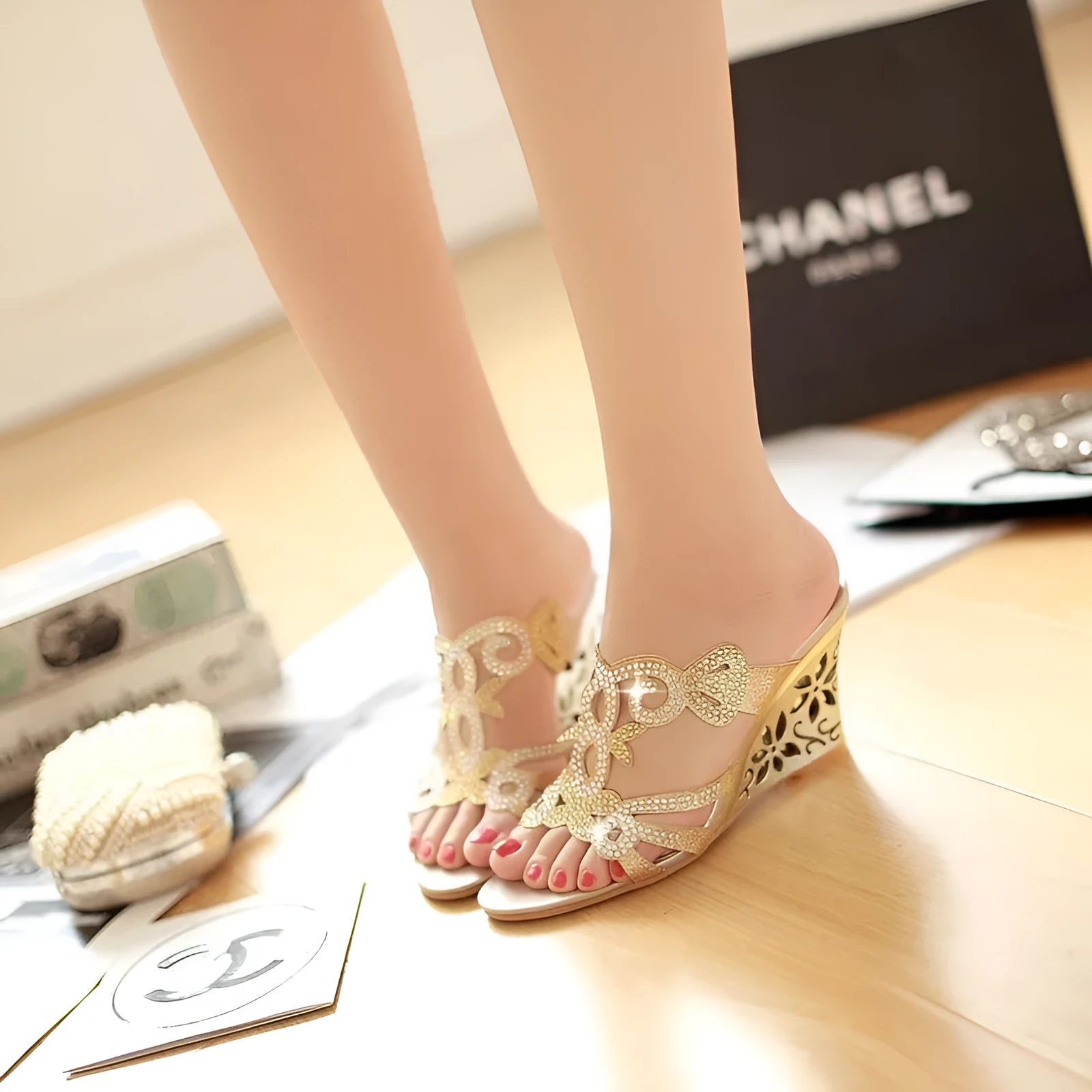 Women's gold peep toe wedge sandals with rhinestone detailing and 8cm heel