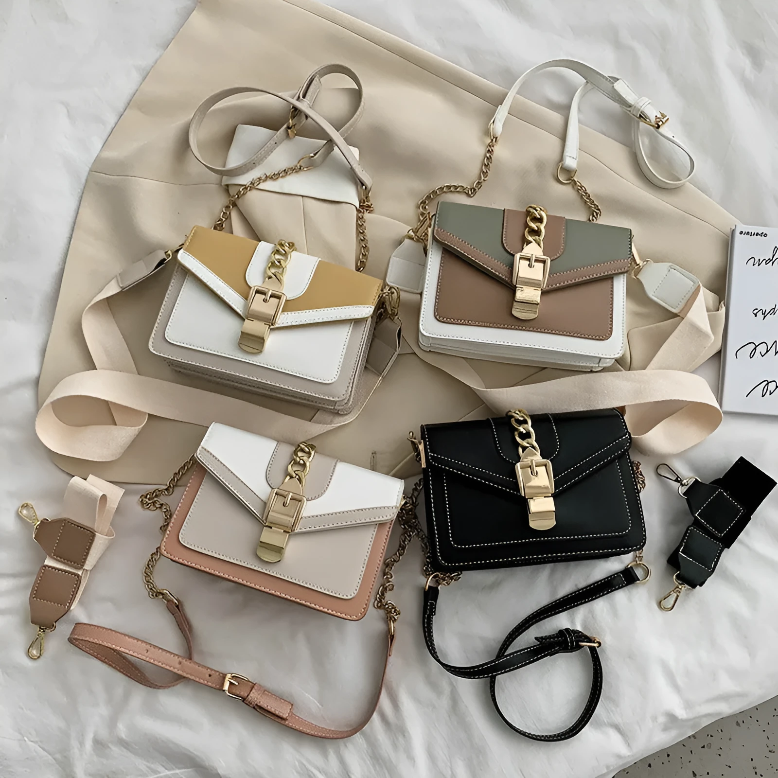 Women's messenger bag shoulder chain bag PU leather small square bag in black, green, white, yellow