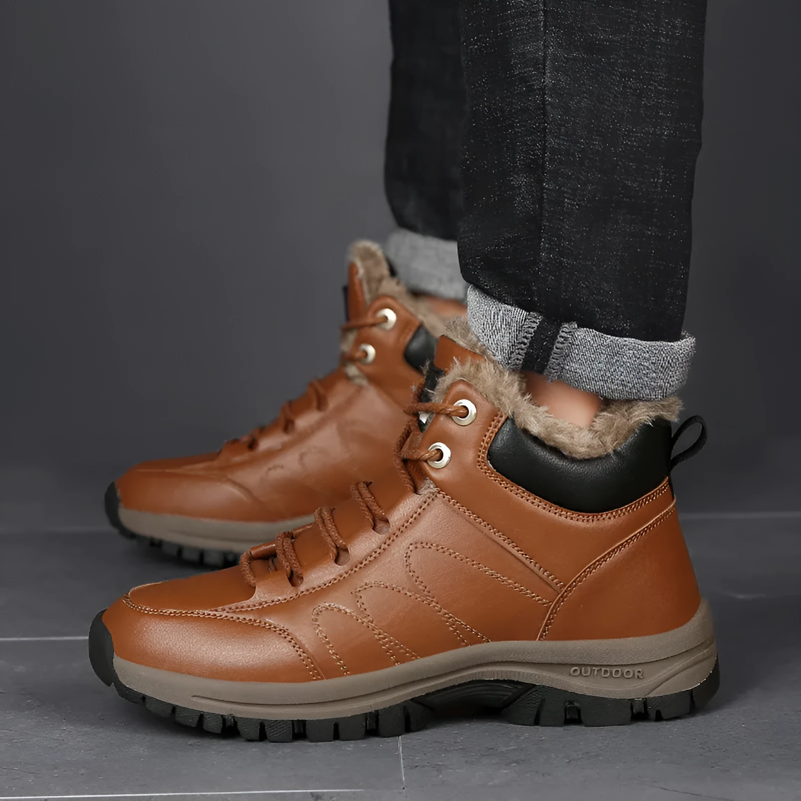 Men's winter boots with plush lining, black, lace-up style, artificial PU upper with cowhide finish, rubber sole