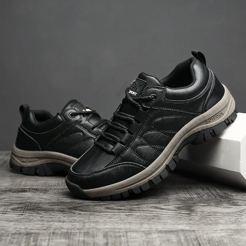 Men's winter boots with plush lining, black, lace-up style, artificial PU upper with cowhide finish, rubber sole
