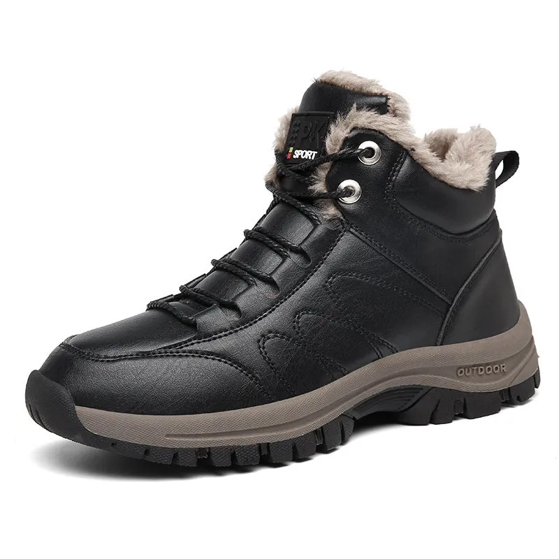 Men's winter boots with plush lining, black, lace-up style, artificial PU upper with cowhide finish, rubber sole